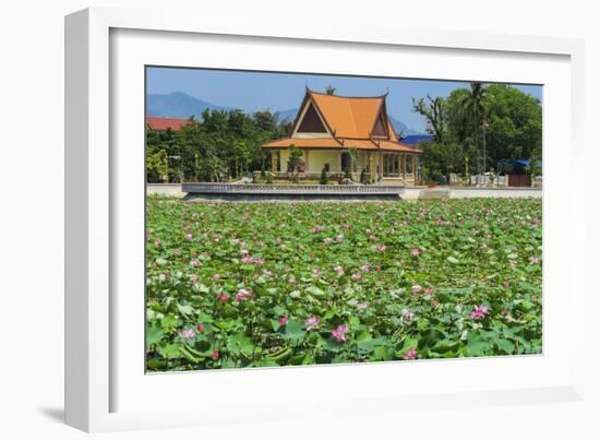 Ornamental lake covered with lily pads by temple pavilion, Cambodia-Robert Francis-Framed Photographic Print