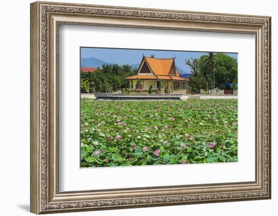 Ornamental lake covered with lily pads by temple pavilion, Cambodia-Robert Francis-Framed Photographic Print