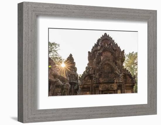 Ornate Carvings in Red Sandstone at Sunset in Banteay Srei Temple in Angkor, Siem Reap, Cambodia-Michael Nolan-Framed Photographic Print