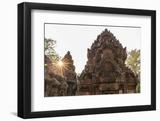 Ornate Carvings in Red Sandstone at Sunset in Banteay Srei Temple in Angkor, Siem Reap, Cambodia-Michael Nolan-Framed Photographic Print