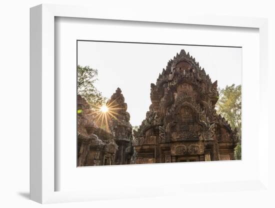 Ornate Carvings in Red Sandstone at Sunset in Banteay Srei Temple in Angkor, Siem Reap, Cambodia-Michael Nolan-Framed Photographic Print