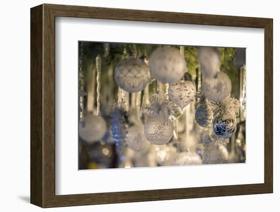 Ornate glass Christmas ornaments at Christmas Market, Nuremberg, Germany-Jim Engelbrecht-Framed Photographic Print