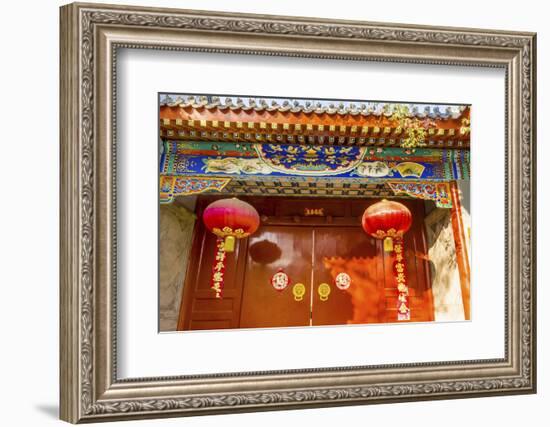 Ornate red door, lanterns New Year sayings, Hutong Neighborhood, Beijing, China.-William Perry-Framed Photographic Print