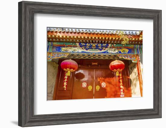 Ornate red door, lanterns New Year sayings, Hutong Neighborhood, Beijing, China.-William Perry-Framed Photographic Print