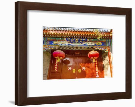 Ornate red door, lanterns New Year sayings, Hutong Neighborhood, Beijing, China.-William Perry-Framed Photographic Print