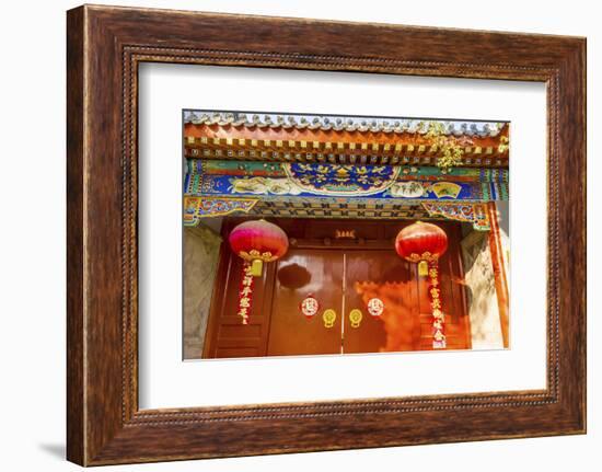 Ornate red door, lanterns New Year sayings, Hutong Neighborhood, Beijing, China.-William Perry-Framed Photographic Print