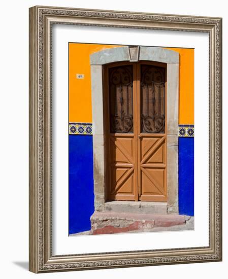 Ornate Wooden Door on Colorful Wall, Guanajuato, Mexico-Julie Eggers-Framed Photographic Print