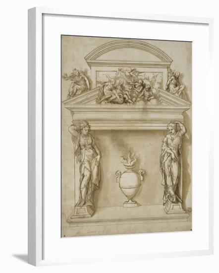 Ornement d'une cheminée : deux cariatides et un vase à anse ovoïde-Giovanni Battista Zelotti-Framed Giclee Print