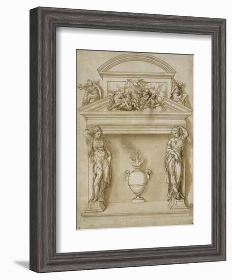 Ornement d'une cheminée : deux cariatides et un vase à anse ovoïde-Giovanni Battista Zelotti-Framed Giclee Print