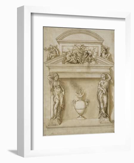 Ornement d'une cheminée : deux cariatides et un vase à anse ovoïde-Giovanni Battista Zelotti-Framed Giclee Print