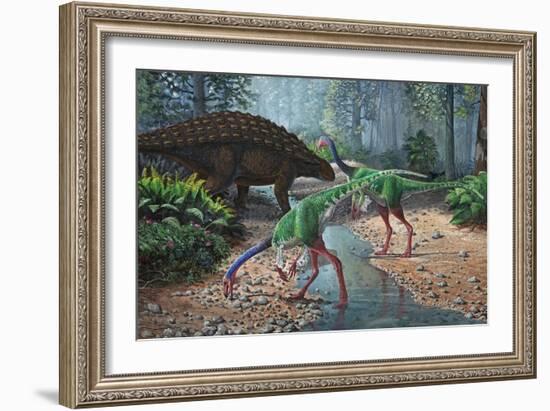 Ornithomimus Swallowing Stones Along a Stream as Part of their Diet-null-Framed Art Print