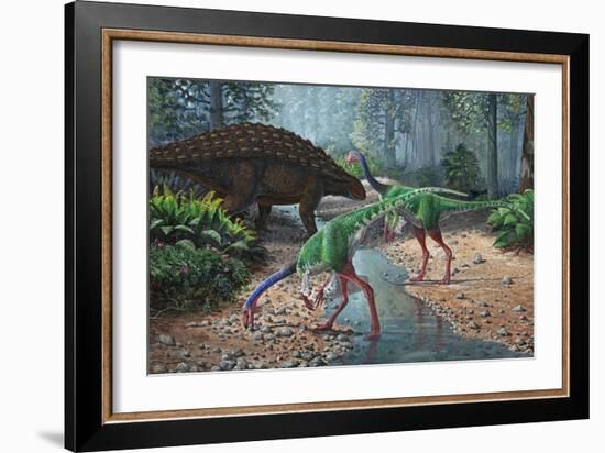 Ornithomimus Swallowing Stones Along a Stream as Part of their Diet-null-Framed Art Print