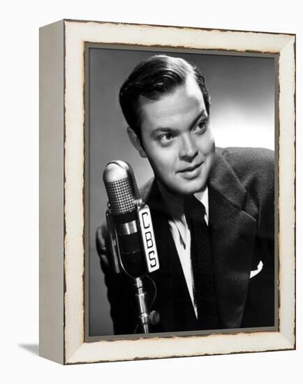 Orson Welles at the CBS Microphone in Publicity Shot for Murcury Summer Theater, 1946-null-Framed Stretched Canvas