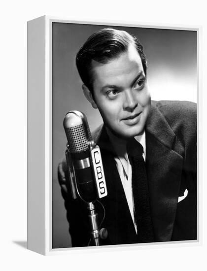 Orson Welles at the CBS Microphone in Publicity Shot for Murcury Summer Theater, 1946-null-Framed Stretched Canvas