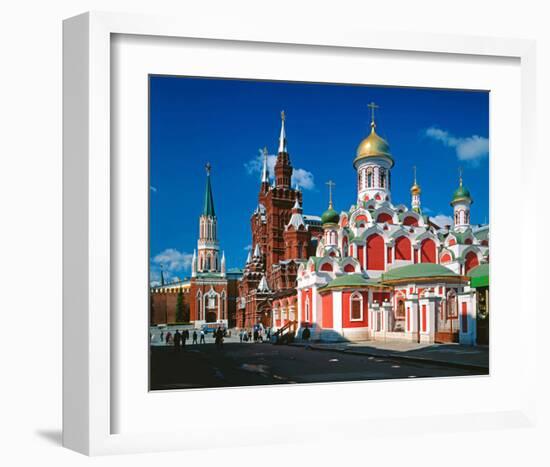 Orthodox Church with State Historical Museum and Kremlin Tower on Red Square, Moscow, Russia-null-Framed Art Print