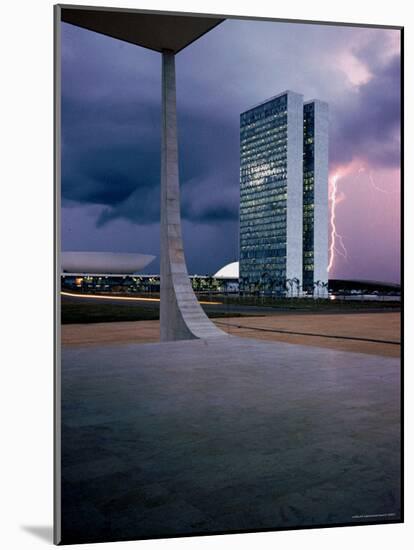 Oscar Niemeyer Designed Twin Towers For Congress in Brasilia with Lightning Bolt-Dmitri Kessel-Mounted Photographic Print