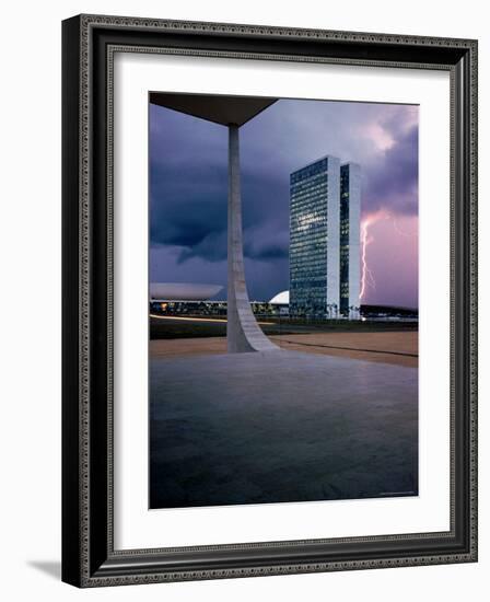 Oscar Niemeyer Designed Twin Towers For Congress in Brasilia with Lightning Bolt-Dmitri Kessel-Framed Photographic Print