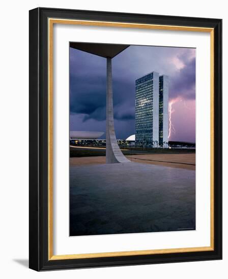 Oscar Niemeyer Designed Twin Towers For Congress in Brasilia with Lightning Bolt-Dmitri Kessel-Framed Photographic Print