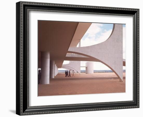 Oscar Niemeyer's Palacio Do Planalto Facade with Visitors Walking-Dmitri Kessel-Framed Photographic Print