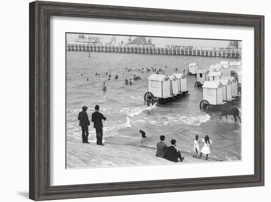 Ostend Seaside, Bathing Huts on Wheels, View from Top of Sea Wall, c.1900-Andrew Pitcairn-knowles-Framed Giclee Print