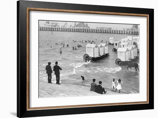 Ostend Seaside, Bathing Huts on Wheels, View from Top of Sea Wall, c.1900-Andrew Pitcairn-knowles-Framed Giclee Print