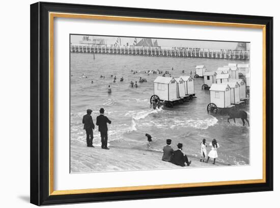 Ostend Seaside, Bathing Huts on Wheels, View from Top of Sea Wall, c.1900-Andrew Pitcairn-knowles-Framed Giclee Print