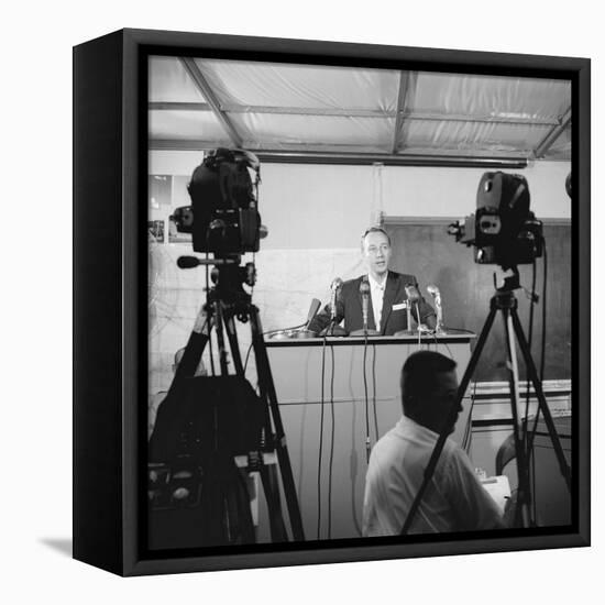 Otto Winzen Speaking to Press About the Man High Project, Minneapolis, Minnesota, 1957-Yale Joel-Framed Premier Image Canvas