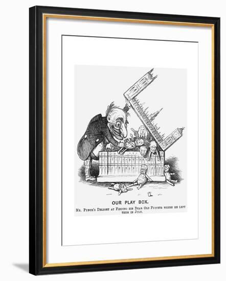 Our Play Box. Mr Punch's Delight at Finding His Dear Old Puppets Where He Left Them in July, 1865-null-Framed Giclee Print