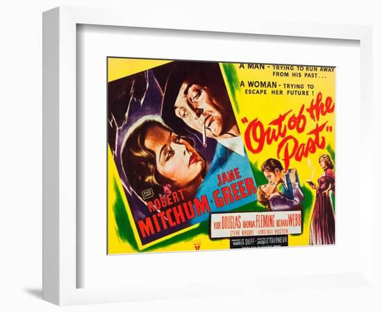 OUT OF THE PAST, top and bottom l-r: Jane Greer, Robert Mitchum on title card, 1947-null-Framed Art Print