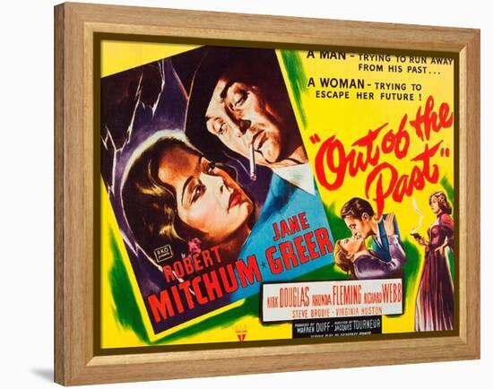 OUT OF THE PAST, top and bottom l-r: Jane Greer, Robert Mitchum on title card, 1947-null-Framed Stretched Canvas