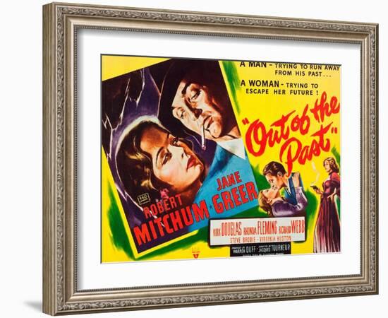 OUT OF THE PAST, top and bottom l-r: Jane Greer, Robert Mitchum on title card, 1947-null-Framed Art Print