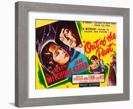 OUT OF THE PAST, top and bottom l-r: Jane Greer, Robert Mitchum on title card, 1947-null-Framed Art Print