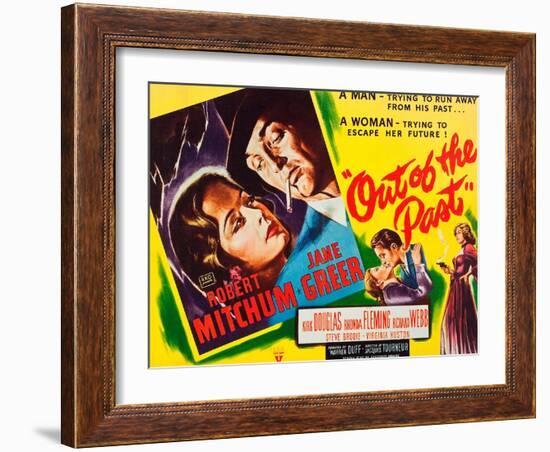 OUT OF THE PAST, top and bottom l-r: Jane Greer, Robert Mitchum on title card, 1947-null-Framed Art Print