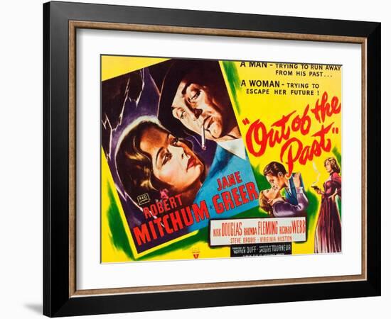 OUT OF THE PAST, top and bottom l-r: Jane Greer, Robert Mitchum on title card, 1947-null-Framed Art Print