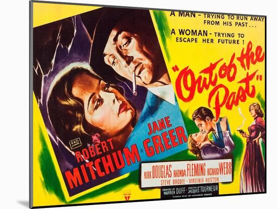 OUT OF THE PAST, top and bottom l-r: Jane Greer, Robert Mitchum on title card, 1947-null-Mounted Art Print