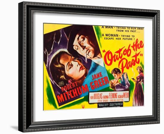 OUT OF THE PAST, top and bottom l-r: Jane Greer, Robert Mitchum on title card, 1947-null-Framed Art Print