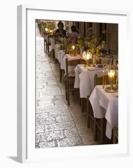 Outdoor cafe in cobblestone alley, Dubrovnik, Dalmatia, Croatia-Merrill Images-Framed Photographic Print