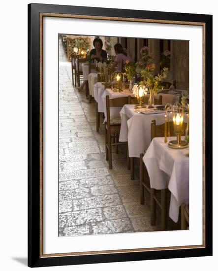 Outdoor cafe in cobblestone alley, Dubrovnik, Dalmatia, Croatia-Merrill Images-Framed Photographic Print