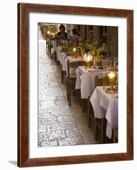 Outdoor cafe in cobblestone alley, Dubrovnik, Dalmatia, Croatia-Merrill Images-Framed Photographic Print