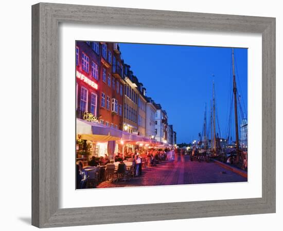 Outdoor Dining and Boats in Nyhavn Harbour, Copenhagen, Denmark, Scandinavia, Europe-Christian Kober-Framed Photographic Print