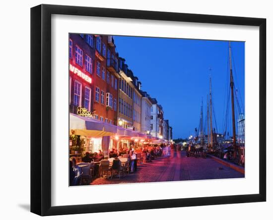 Outdoor Dining and Boats in Nyhavn Harbour, Copenhagen, Denmark, Scandinavia, Europe-Christian Kober-Framed Photographic Print