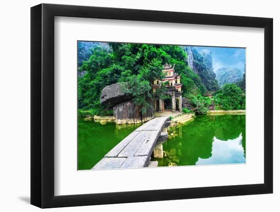 Outdoor Park Landscape with Lake and Stone Bridge. Gate Entrance to Ancient Bich Dong Pagoda Comple-Perfect Lazybones-Framed Photographic Print