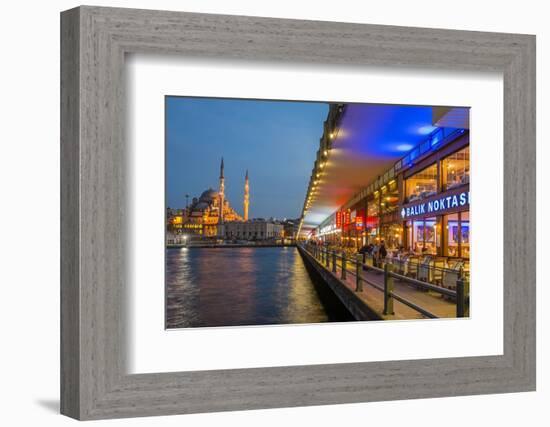 Outdoor Restaurants under Galata Bridge with Yeni Cami or New Mosque at Dusk, Istanbul-Stefano Politi Markovina-Framed Photographic Print