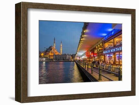 Outdoor Restaurants under Galata Bridge with Yeni Cami or New Mosque at Dusk, Istanbul-Stefano Politi Markovina-Framed Photographic Print