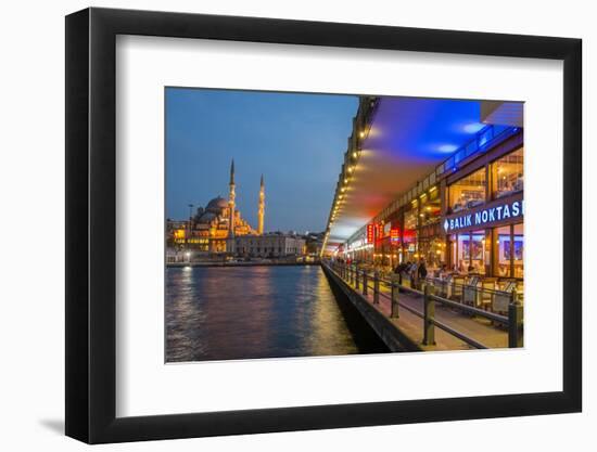 Outdoor Restaurants under Galata Bridge with Yeni Cami or New Mosque at Dusk, Istanbul-Stefano Politi Markovina-Framed Photographic Print