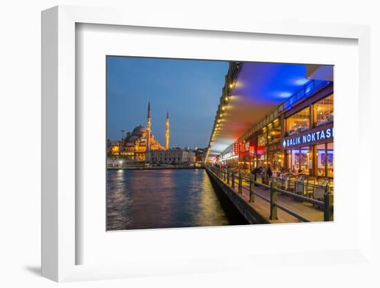 Outdoor Restaurants under Galata Bridge with Yeni Cami or New Mosque at Dusk, Istanbul-Stefano Politi Markovina-Framed Photographic Print