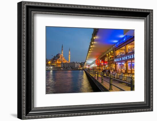 Outdoor Restaurants under Galata Bridge with Yeni Cami or New Mosque at Dusk, Istanbul-Stefano Politi Markovina-Framed Photographic Print