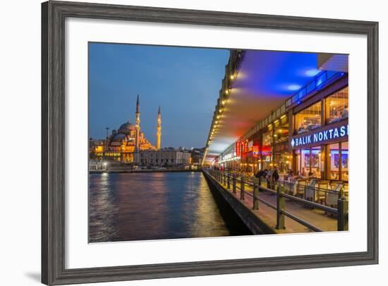 Outdoor Restaurants under Galata Bridge with Yeni Cami or New Mosque at Dusk, Istanbul-Stefano Politi Markovina-Framed Photographic Print