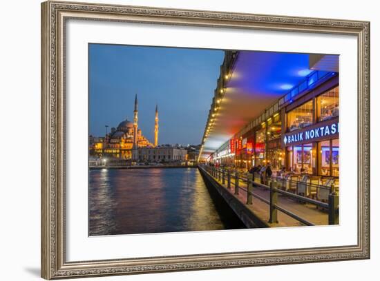 Outdoor Restaurants under Galata Bridge with Yeni Cami or New Mosque at Dusk, Istanbul-Stefano Politi Markovina-Framed Photographic Print