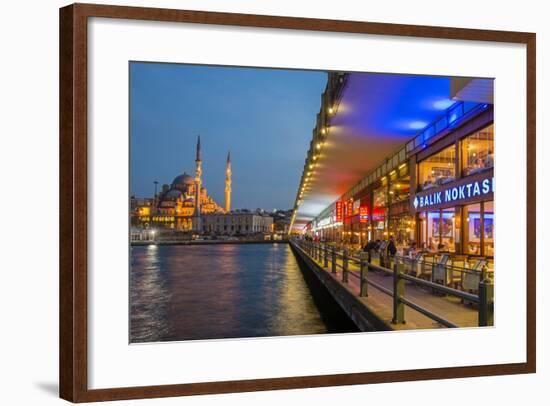 Outdoor Restaurants under Galata Bridge with Yeni Cami or New Mosque at Dusk, Istanbul-Stefano Politi Markovina-Framed Photographic Print